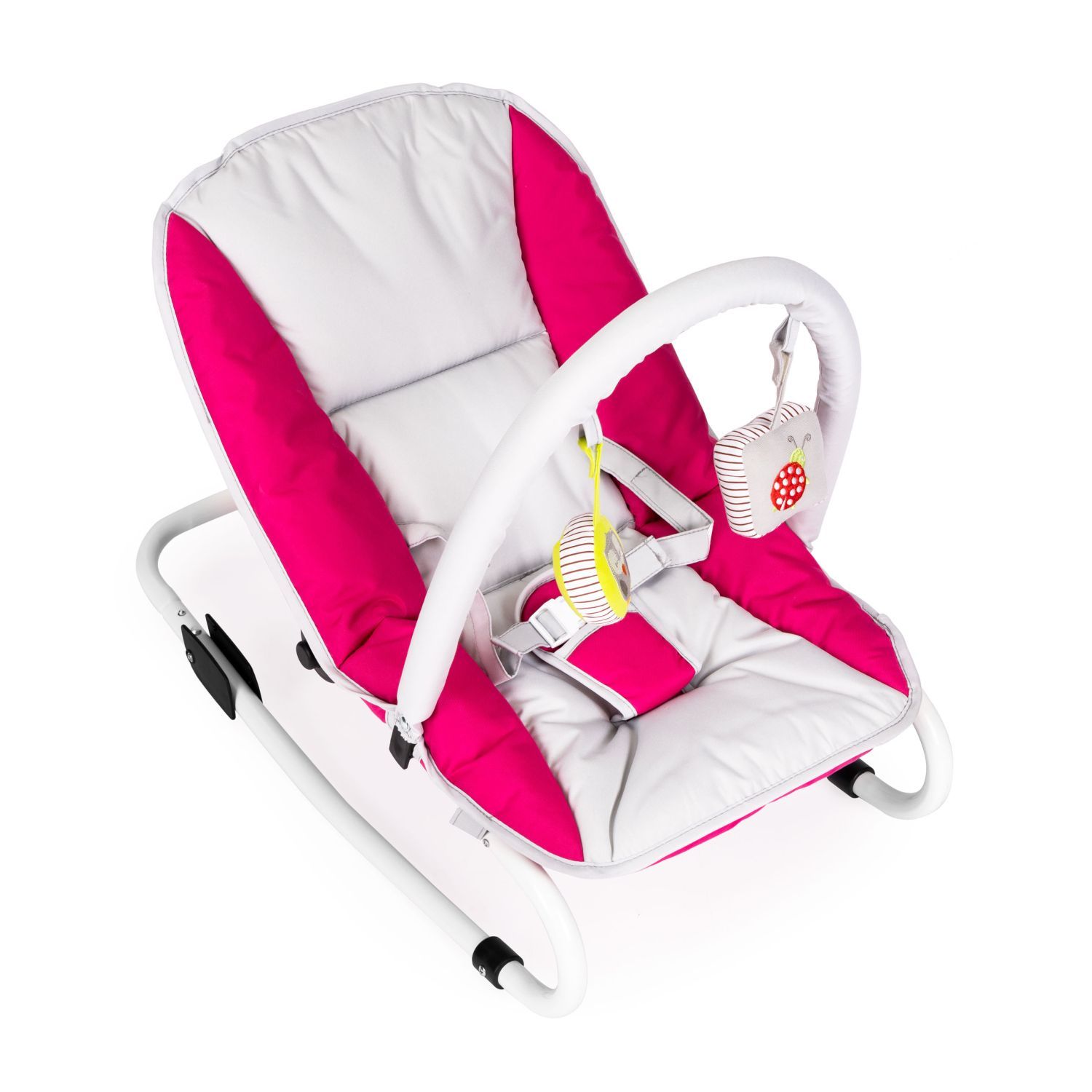 Leżaczek bujaczek składana kołyska z zabawkami biało-różowy - obrazek 8