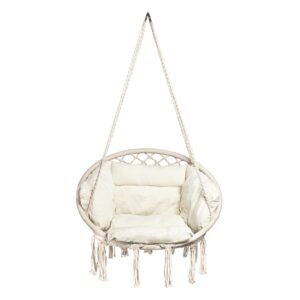 Ażurowa huśtawka ogrodowa, fotel wiszący z poduszką, bocianie gniazdo 150kg beżowy