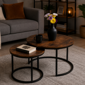 Zestaw stolików kawowych Loft 2w1 – stoliki industrialne okrągłe Vintage do salonu i balkonu