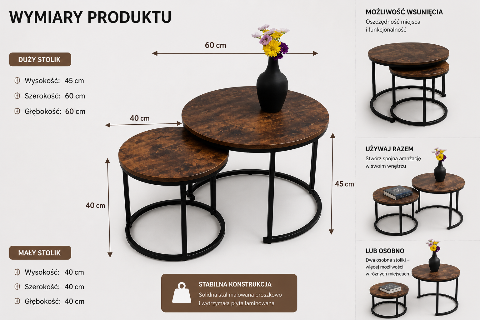 Zestaw stolików kawowych Loft 2w1 – stoliki industrialne okrągłe Vintage do salonu i balkonu - obrazek 4