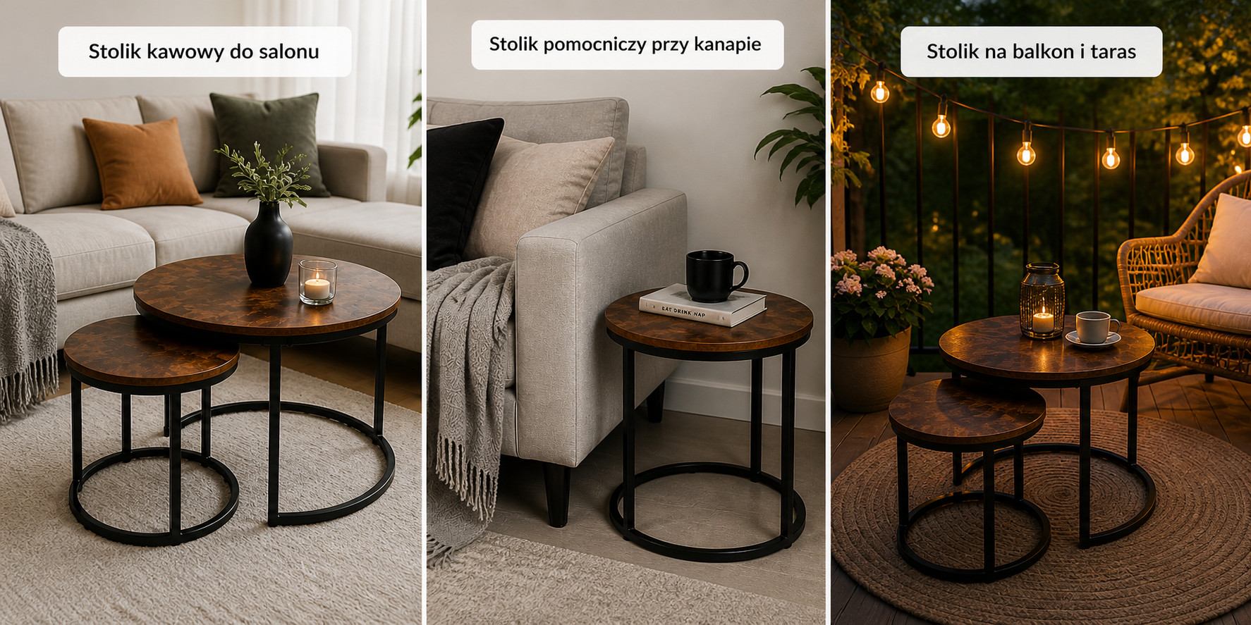 Zestaw stolików kawowych Loft 2w1 – stoliki industrialne okrągłe Vintage do salonu i balkonu - obrazek 2