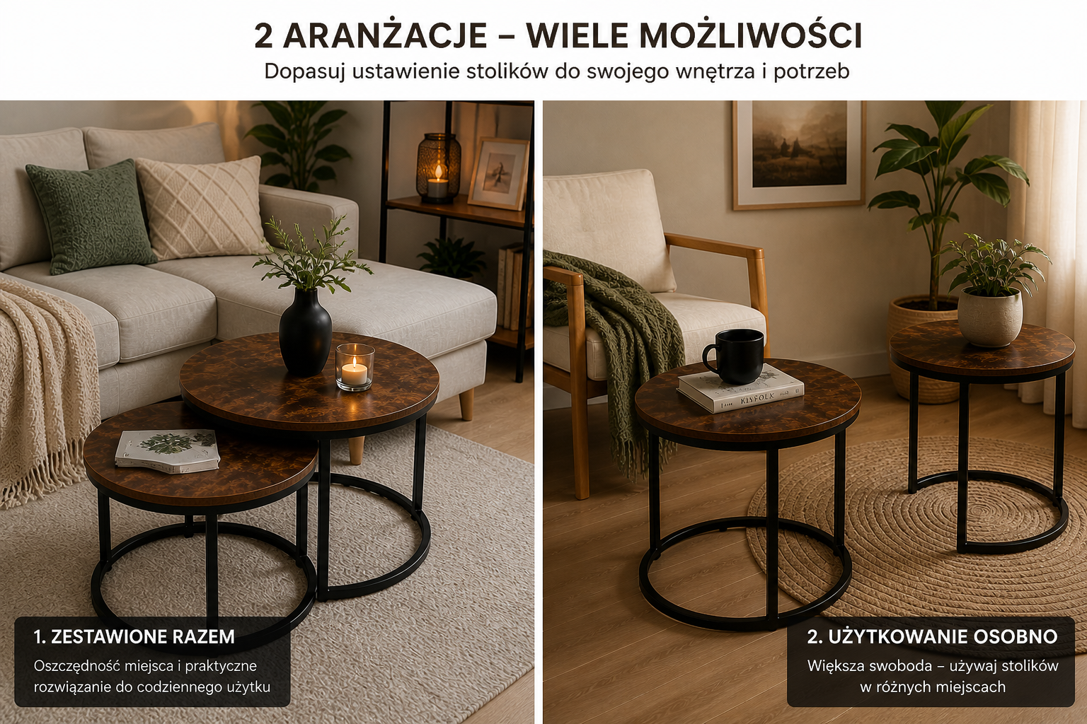 Zestaw stolików kawowych Loft 2w1 – stoliki industrialne okrągłe Vintage do salonu i balkonu - obrazek 3