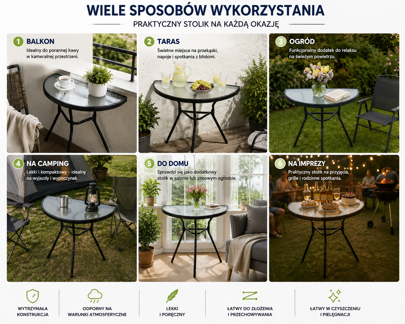 Stolik szklany kawowy na balkon taras patio półokrągły czarny - obrazek 6