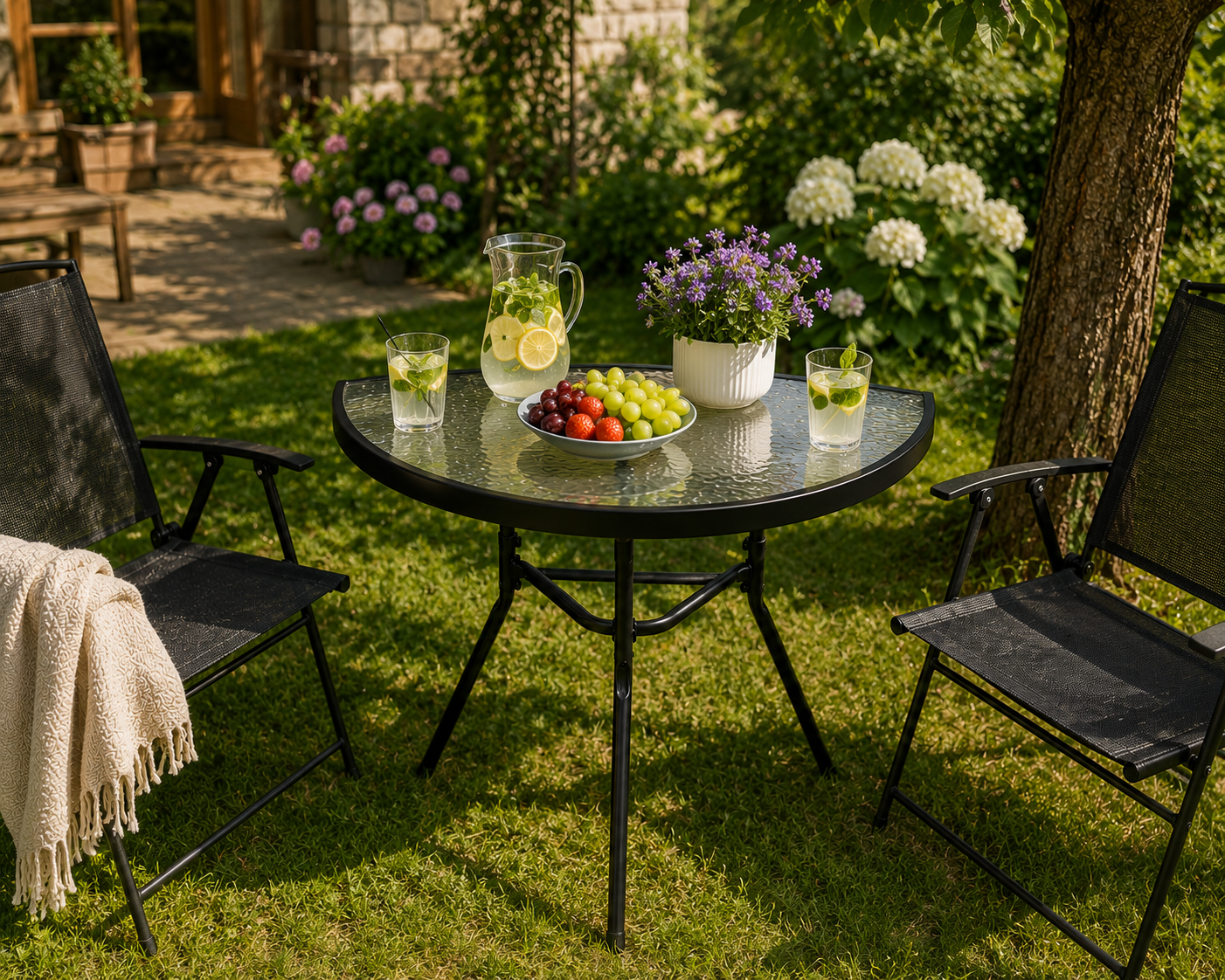 Stolik szklany kawowy na balkon taras patio półokrągły czarny - obrazek 3