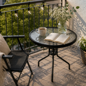 Stolik szklany kawowy na balkon, taras i patio – okrągły czarny